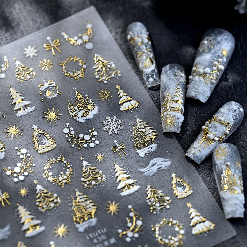 Nail Art Xmas Tree - 5D en relieve castillo de oro/guirnalda/árbol